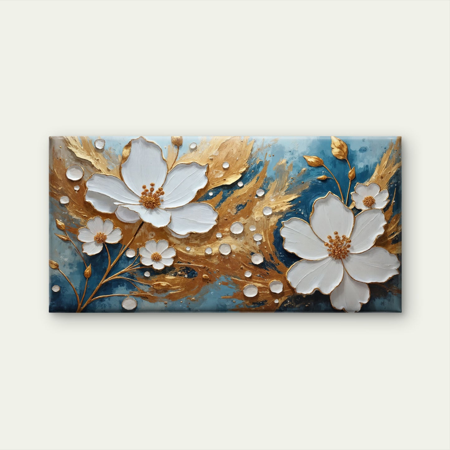 Modern Teal Gold Foil White Blossom Wall Art Canvas Office Home Framed 120x60cm