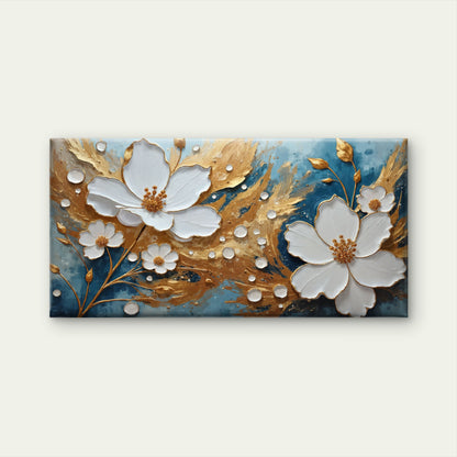 Modern Teal Gold Foil White Blossom Wall Art Canvas Office Home Framed 120x60cm