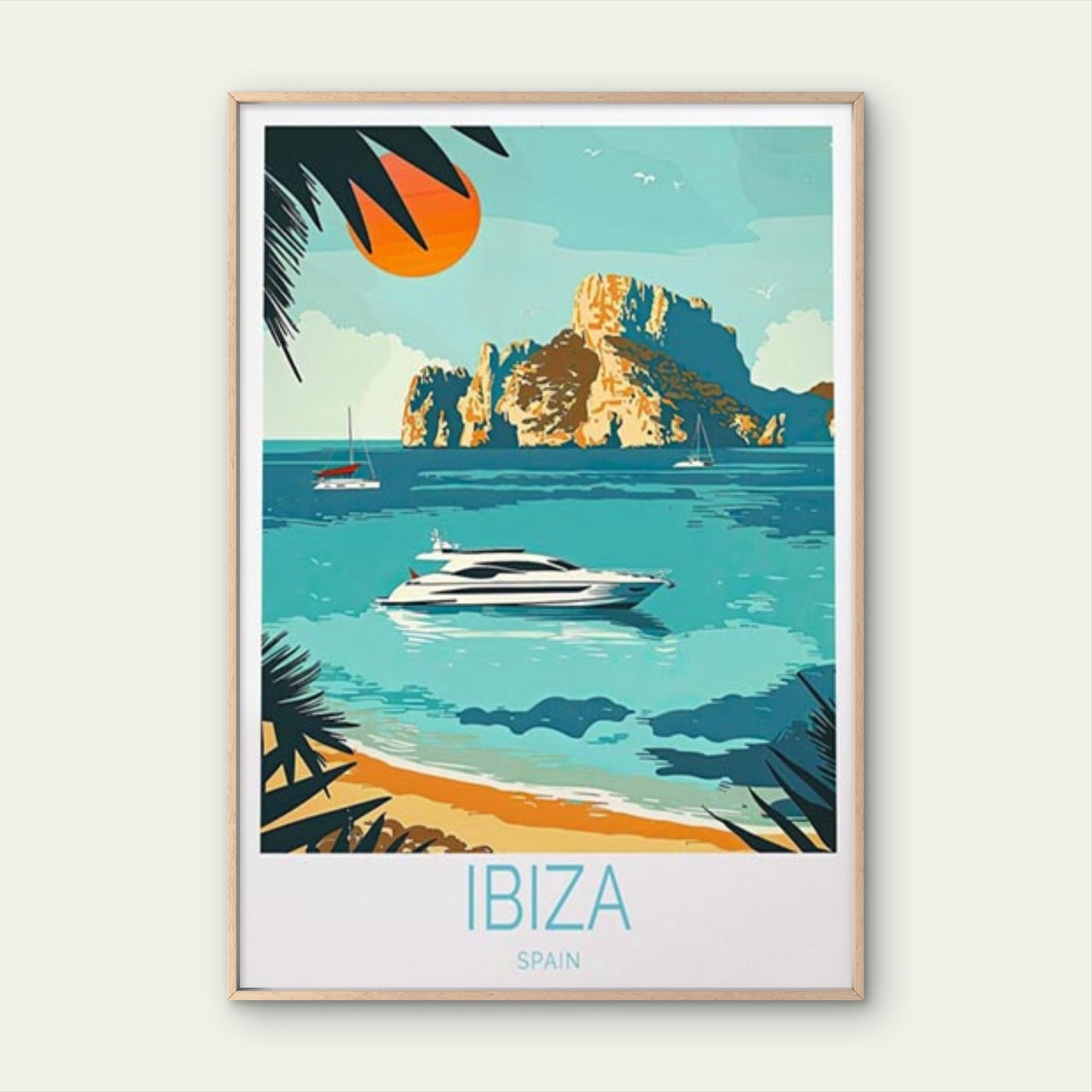 Ibiza Spain Beach with Yacht & Palm Tree Travel Poster Print Wall Art