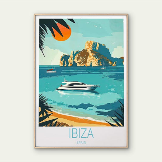 Ibiza Spain Beach with Yacht & Palm Tree Travel Poster Print Wall Art