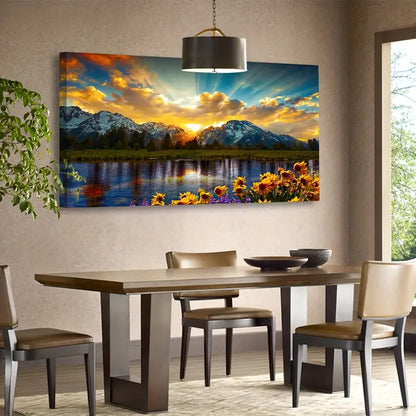 Sunset Mountain Sunflowers Lake Scenery Wall Art canvas office home room framed 120x60cm - Bella Home Decor