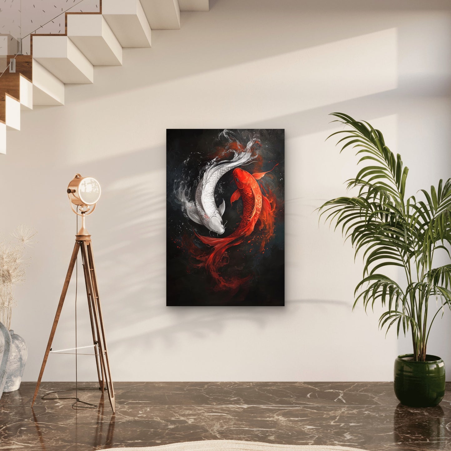 Two Koi Fish Swimming Dynamic Water Flow 40x60cm Metal Print Ready to Hang