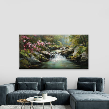 Waterfall & Pink Cherry Blossom Wall Art Canvas Office Home Room Framed 120x60cm