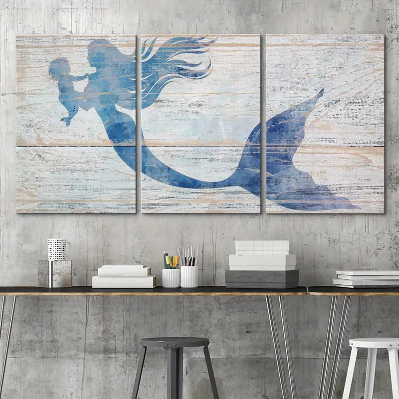 3pcs Blue Watercolor Mermaid Baby  Metal Print Ready to Hang Art - Bella Home Decor