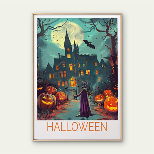 Halloween Night, Haunted House & Witch Travel Poster Print Wall Art
