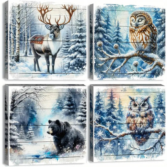 4pcs Deer, Owl, Bear In Snowy Landscape Wall Art Canvas Framed