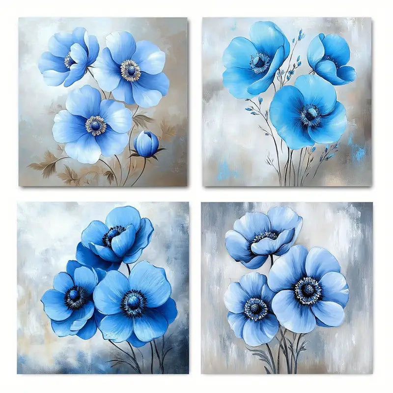 4pcs Blue Flowers Bloom Flowers Picture Wall Art Canvas Framed
