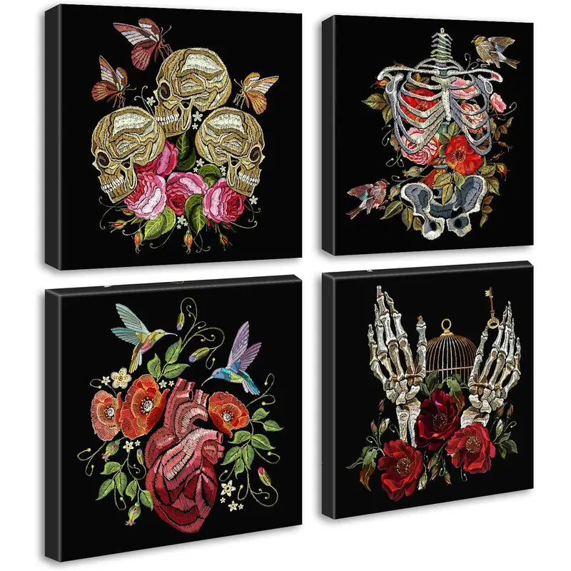 4pcs  Gothic Floral Skeleton Wall Art Canvas Framed - Bella Home Decor