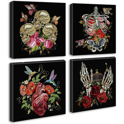 4pcs  Gothic Floral Skeleton Wall Art Canvas Framed - Bella Home Decor