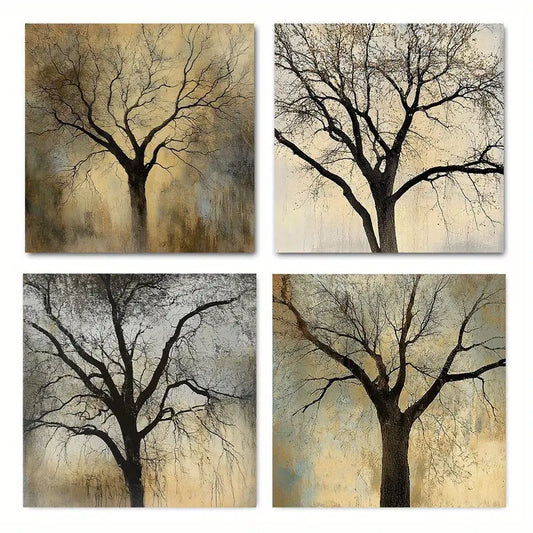 4pcs Abstract Rustic Golden Tree Art Wall Art Canvas Framed