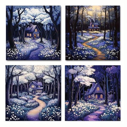 4pcs  Night Forest Floral Cottage Picture   CP    Wall Art Canvas Framed