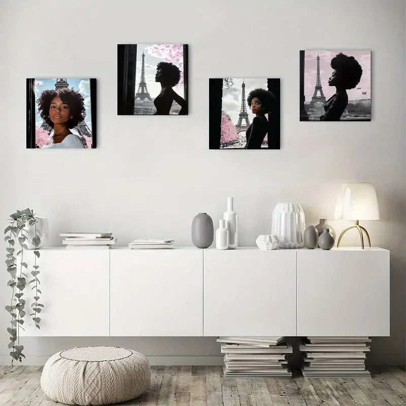 4pcs  Black And White Fashion Paris Black Wall Art Canvas Framed
