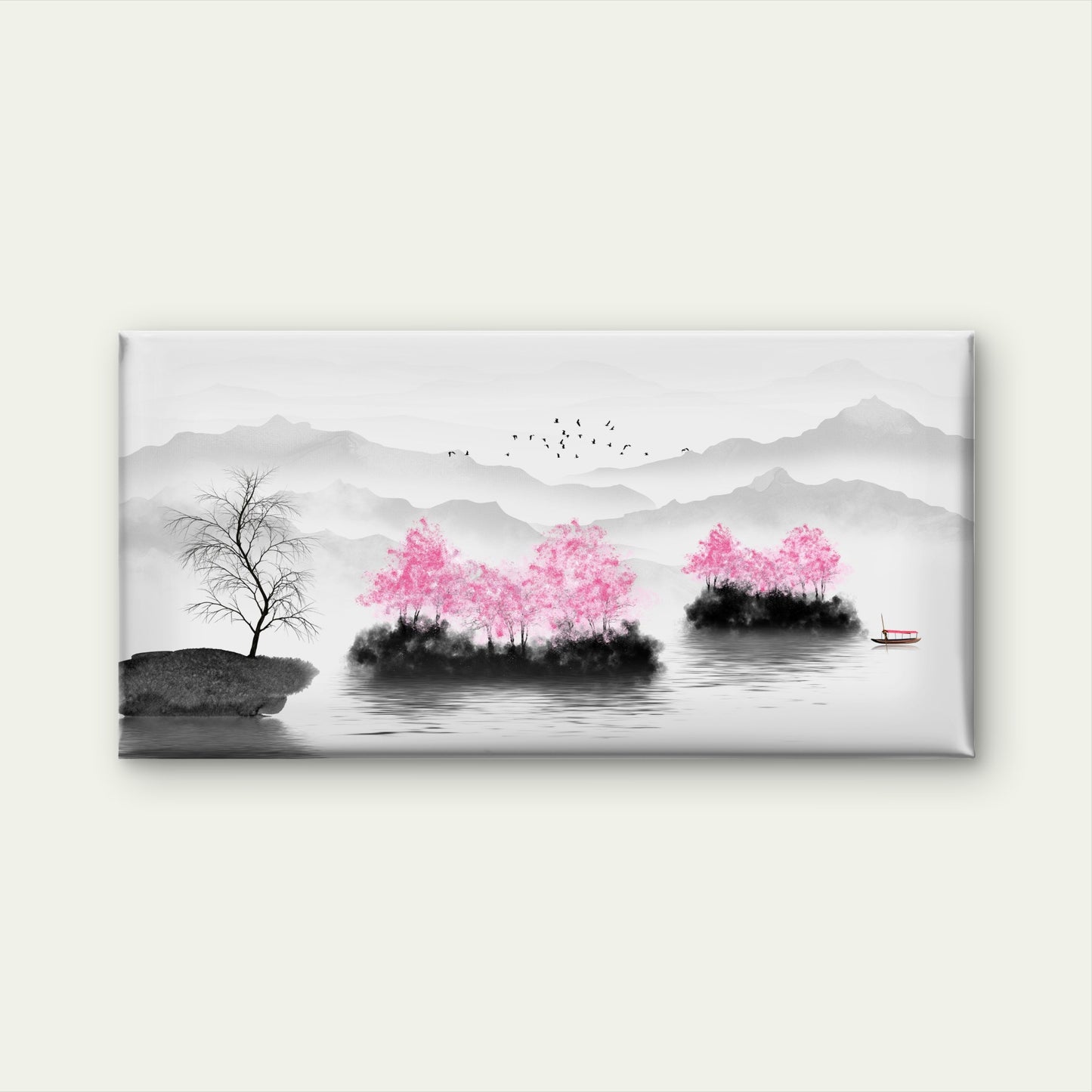 Serene Pink Blossom Landscape Wall Art Canvas Office Home Room Framed 120x60cm - Bella Home Decor