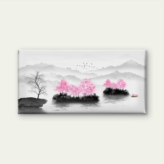 Serene Pink Blossom Landscape Wall Art Canvas Office Home Room Framed 120x60cm