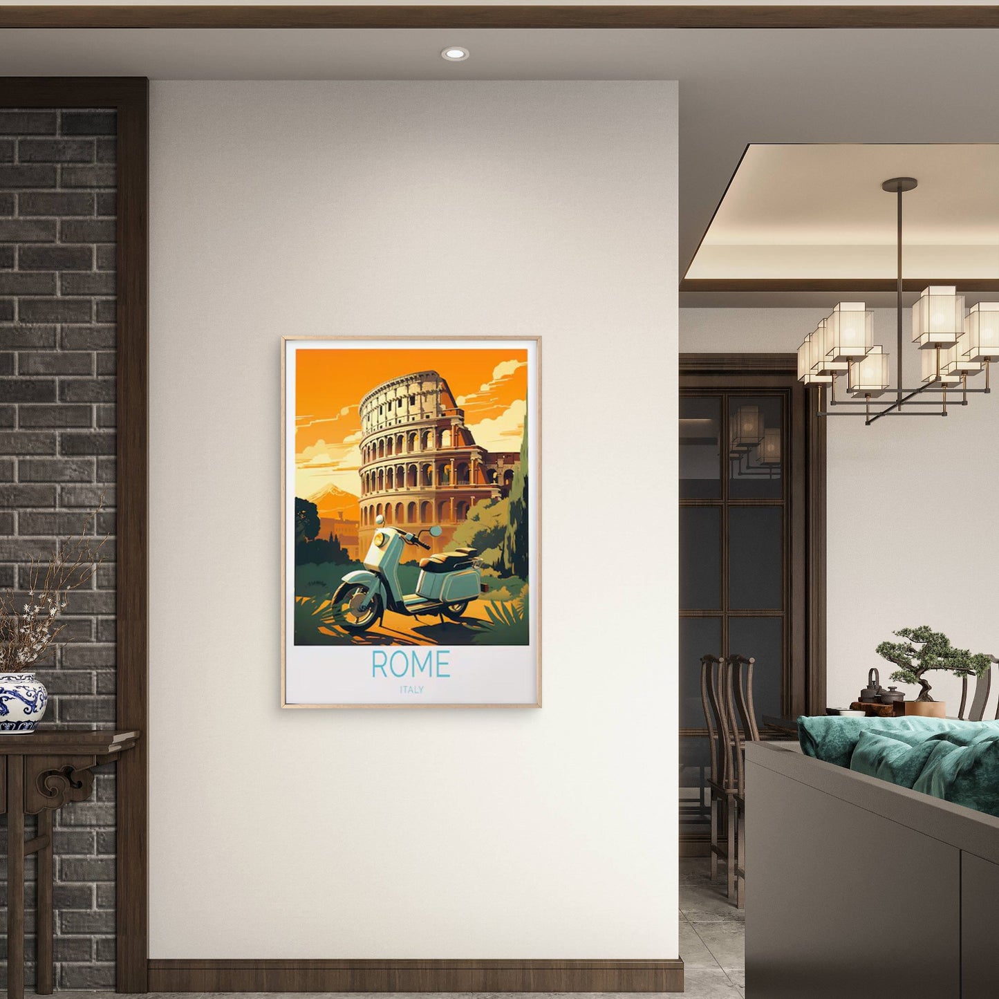 Italy Rome Colosseum, Light Blue Scooter Travel Poster Print Wall Art