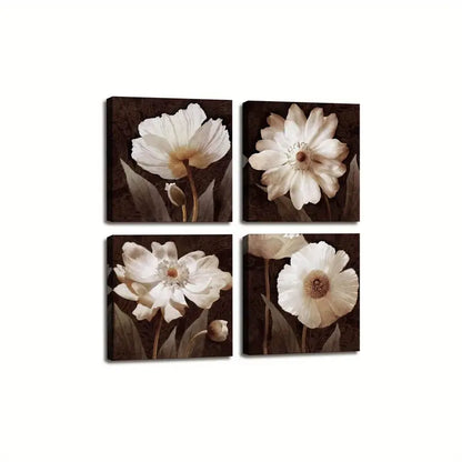 4pcs White Flowers Painting With Brown Backgroun Wall Art Canvas Framed
