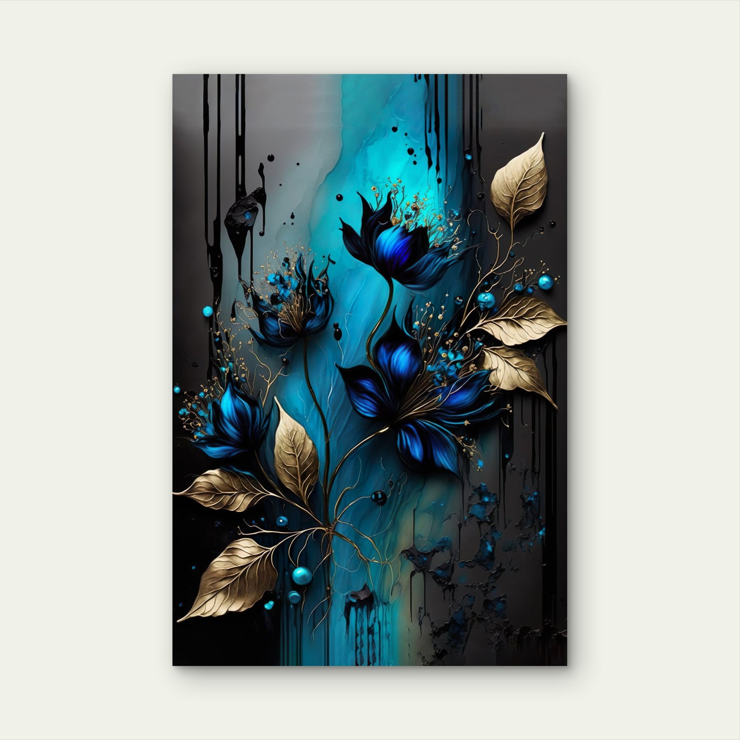 Abstract Blue Flowers Gold Leaves Drips Modern Art Turquoise Black 40x60cm Metal Print Ready to Hang