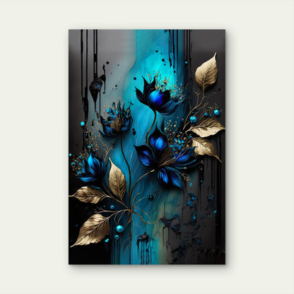 Abstract Blue Flowers Gold Leaves Drips Modern Art Turquoise Black 40x60cm Metal Print Ready to Hang