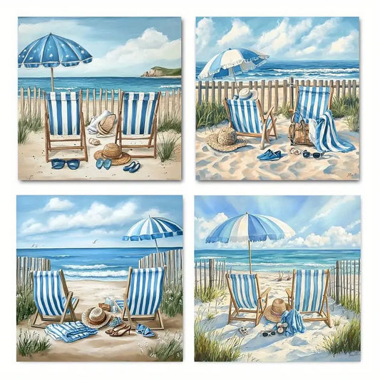 4pcs  Blue Ocean & Sandy Shoreline, Chic Beach  Wall Art Canvas Framed