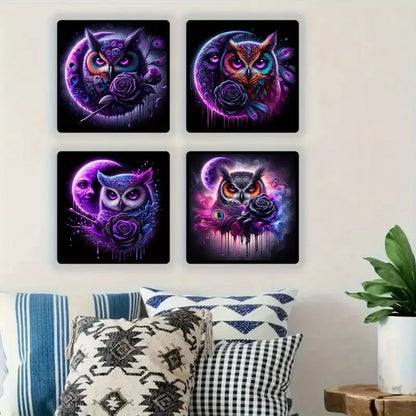 4pcs Moon And Owl Night Sence Wall Art Canvas Framed