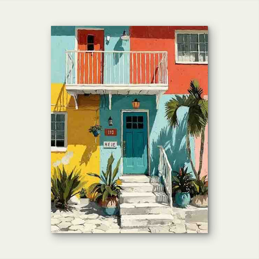 Turquoise Coastal Beach House Painting 60x90cm Metal Print Ready to Hang