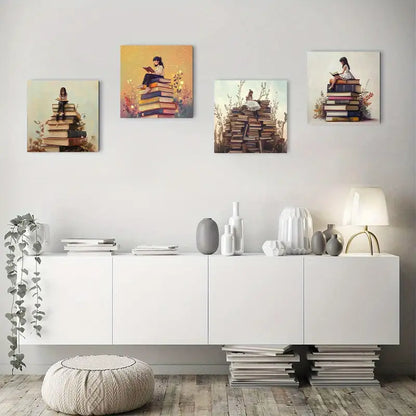 4pcs Readers on Book PilesWall Art Canvas Framed