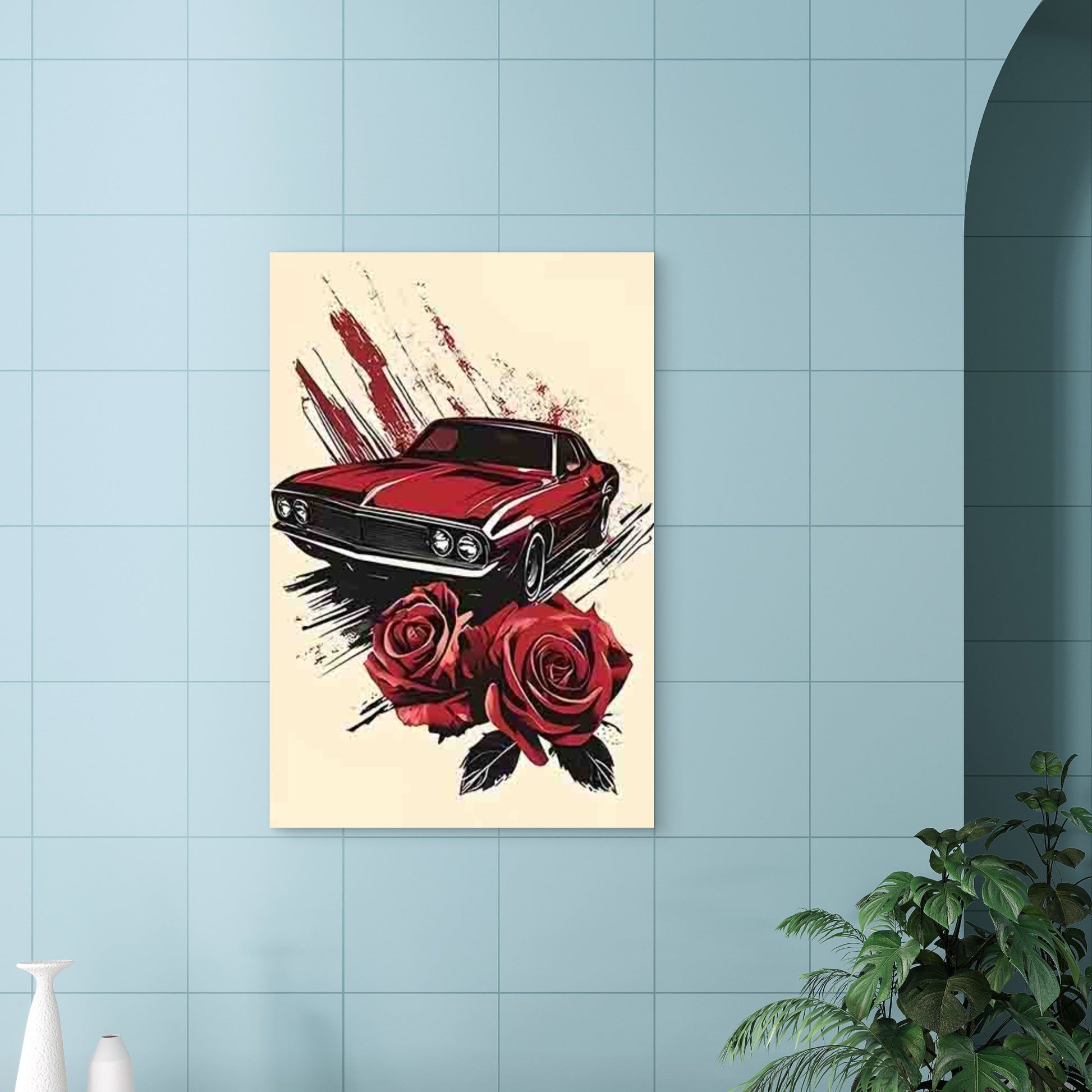 Vintage Red Car & Roses Red Splatter Background 60x90cm Metal Print Ready to Hang - Bella Home Decor