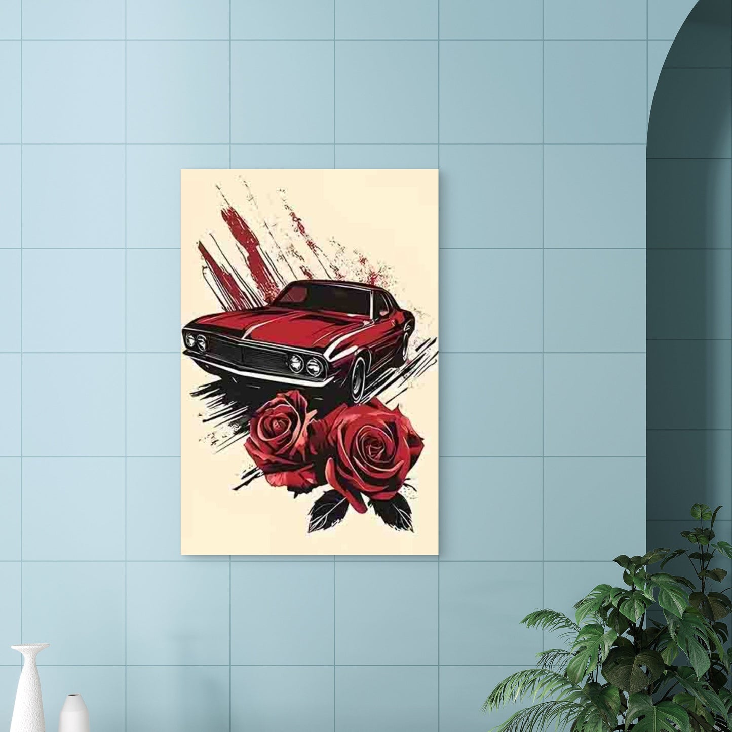 Vintage Red Car & Roses Red Splatter Backgroun 40x60cm Metal Print Ready to Hang - Bella Home Decor