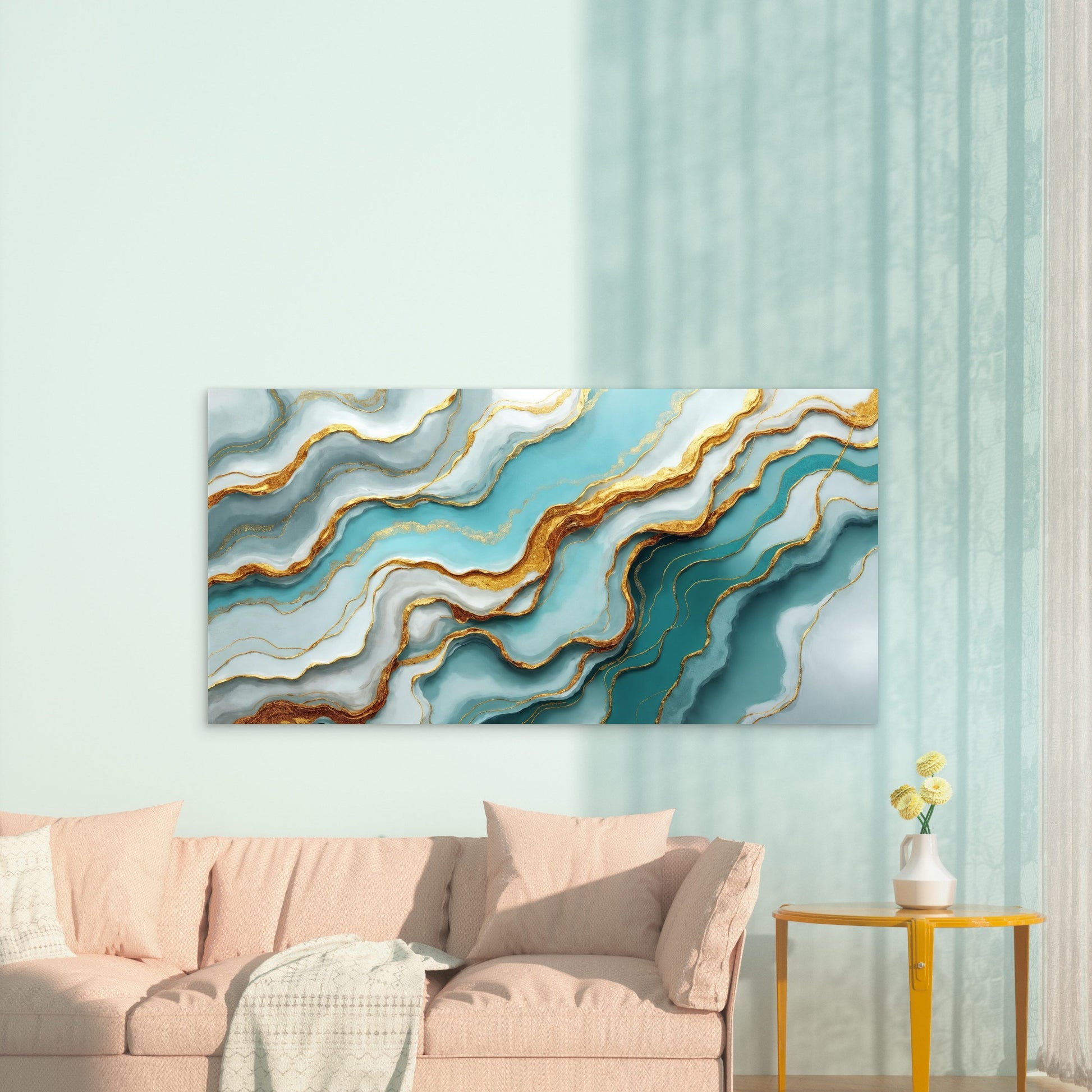 Turquoise Tides Gilded Ripples Wall Art Canvas Office Home Room Framed 120x60cm - Bella Home Decor