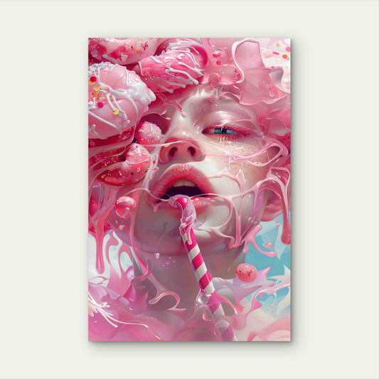 A Girl with a Pink Toothbrush 60x90cm Metal Print Ready to Hang