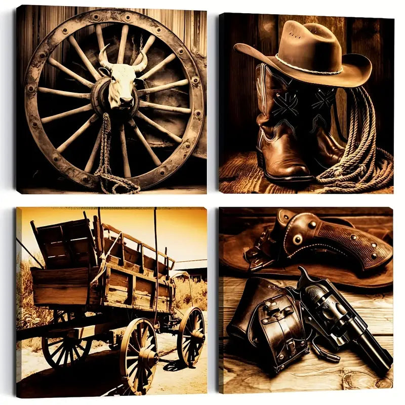 4pcs Cowboy Hat Boot Saddle Faux LeatherWall Art Canvas Framed