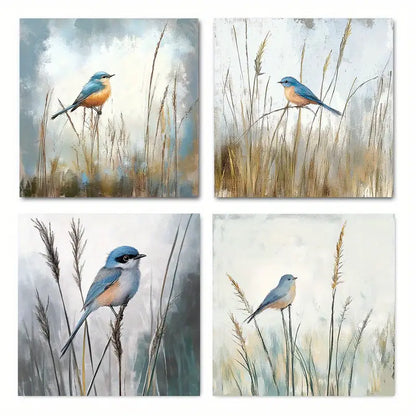 4pcs Bluebird Perched On Grass Wall Art Canvas Framed