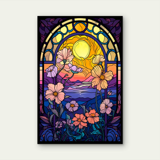 Ocean Sunset Moon Flower Meadow 40x60cm Metal Print Ready to Hang