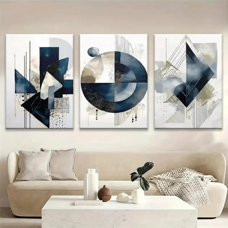 3pcs Beige, Gray, Black, White, Blue & Brown Tript Metal Print Ready to Hang Art - Bella Home Decor