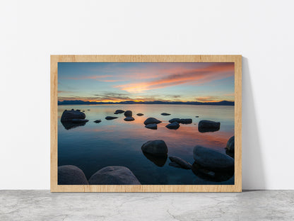Lake Tahoe In The Sierra Nevada Glass Framed Wall Art, Ready to Hang Quality Print Without White Border Oak
