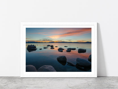 Lake Tahoe In The Sierra Nevada Glass Framed Wall Art, Ready to Hang Quality Print With White Border White