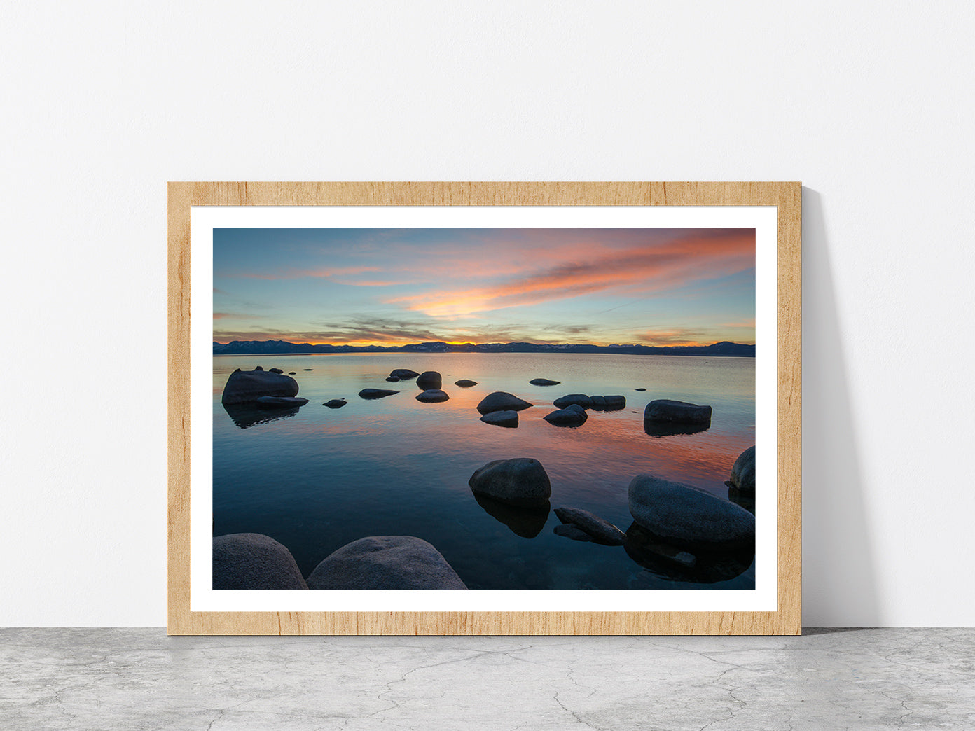 Lake Tahoe In The Sierra Nevada Glass Framed Wall Art, Ready to Hang Quality Print With White Border Oak