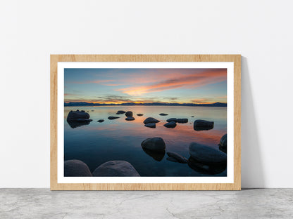 Lake Tahoe In The Sierra Nevada Glass Framed Wall Art, Ready to Hang Quality Print With White Border Oak