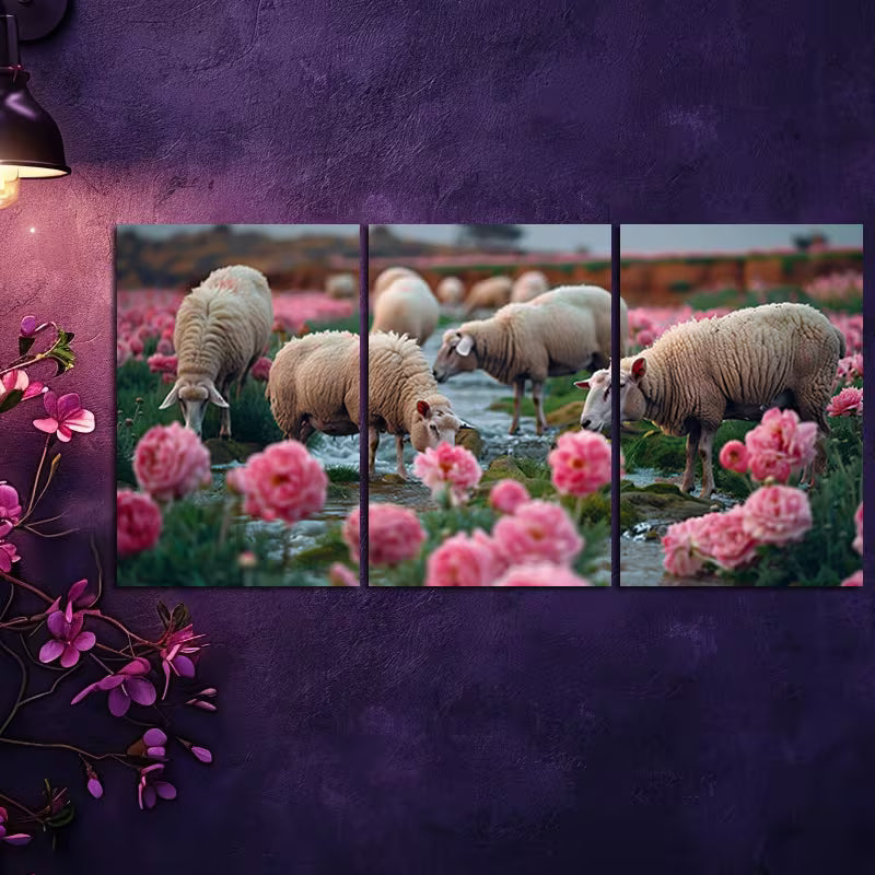 3pcs Picturesque Countryside with Sheep & Floral Wall Art Set Canvas Framed 60x90cm - High Quality Print 100% Australian Made Wall Canvas Ready to Hang