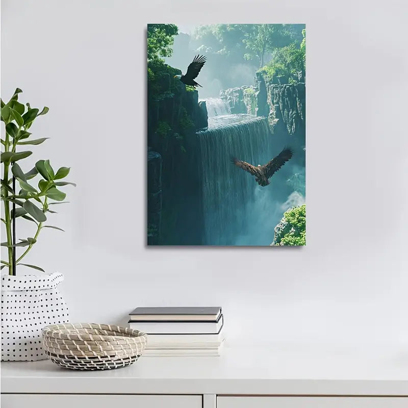 Cyberpunk Eagle & Waterfall Scene Vibrant Morning 40x60cm Metal Print Ready to Hang - Bella Home Decor