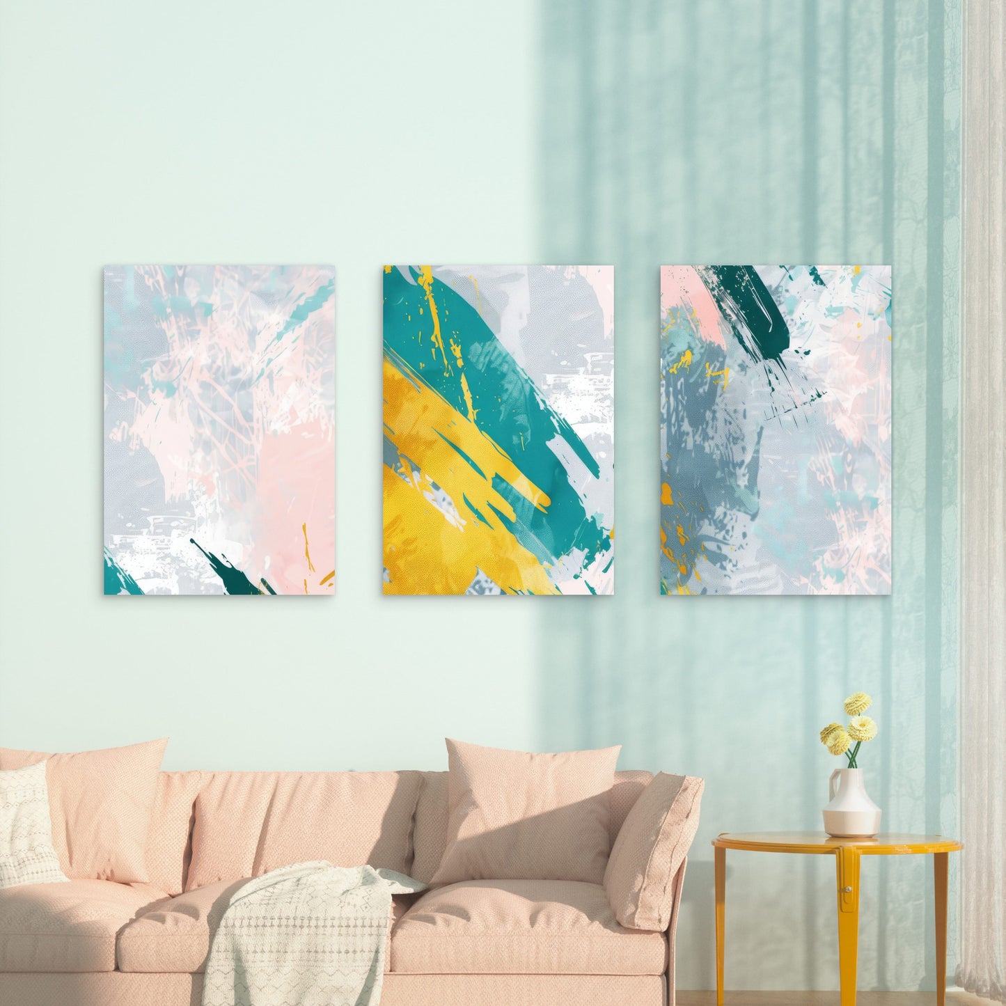 3pcs Teal Pink Yellow Abstract Brush Textured   Wall Art Set Canvas Framed 40x60cm - High Quality Print 100% Australian Made Wall Canvas Ready to Hang