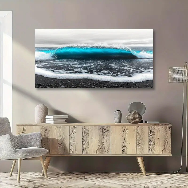 Modern Black and White Ocean Waves Seascape Blue Accents Wall Art canvas office home room framed 120x60cm - Bella Home Decor