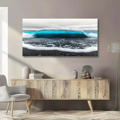 Modern Black and White Ocean Waves Seascape Blue Accents Wall Art canvas office home room framed 120x60cm - Bella Home Decor