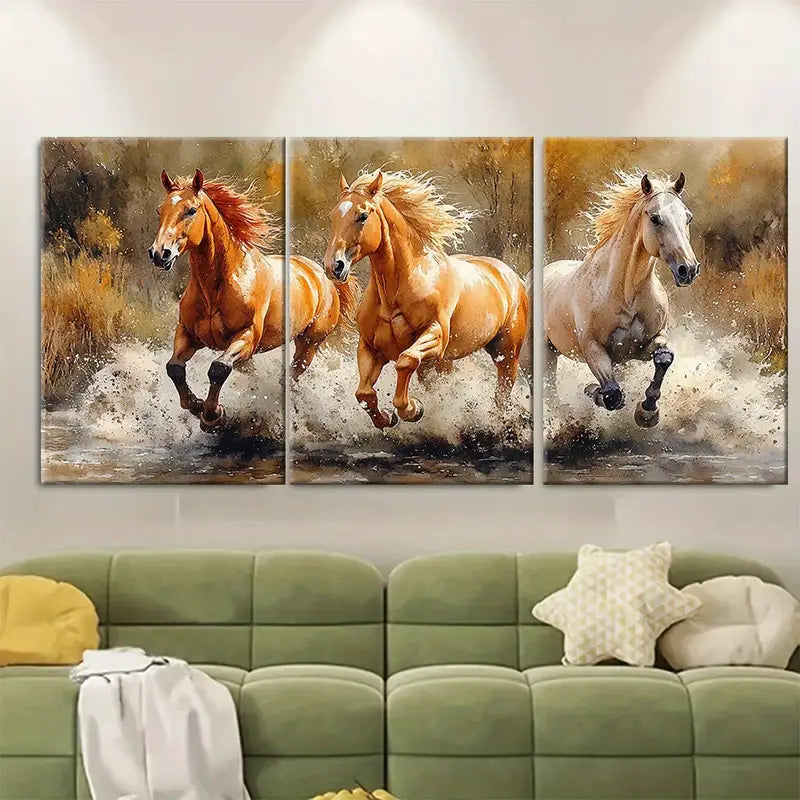 3pcs Brown Tan Horses Running Metal Print Ready to Hang Art - Bella Home Decor