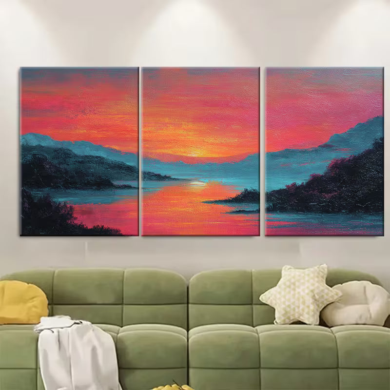 3pcs  Seamless Continuous Artwork, Red Sunset Metal Print Ready to Hang Art - Bella Home Decor
