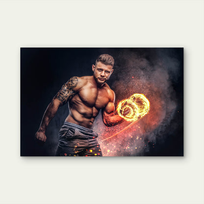 Muscular Bodybuilder Lifting Flaming Dumbbell Gym Fitness 5mm thick Plastic Poster Ready to Hang 90x60cm
