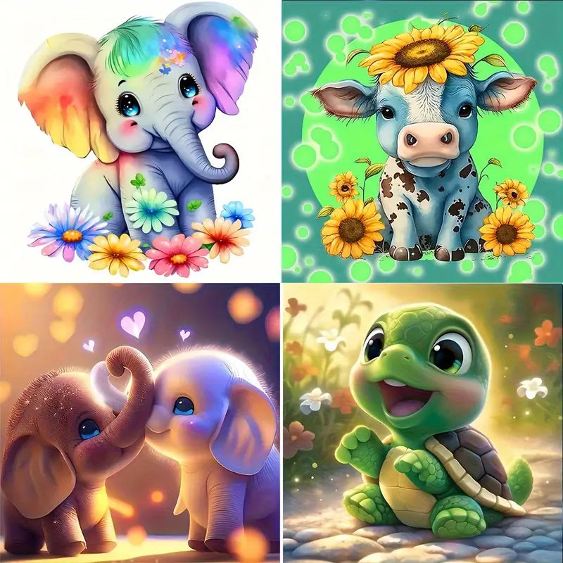 4pcs  Cute Little Elephats,Cow And Turtle Wall Art Canvas Framed