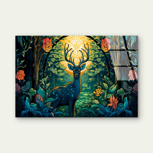 Mystical Stag Deer Forest Rose Acrylic Glass Printing Wall Art Australian Made Quality