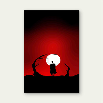 Cowboy Silhouetted Against a Dramatic Blood-Red Sky Metal Print Ready to Hang