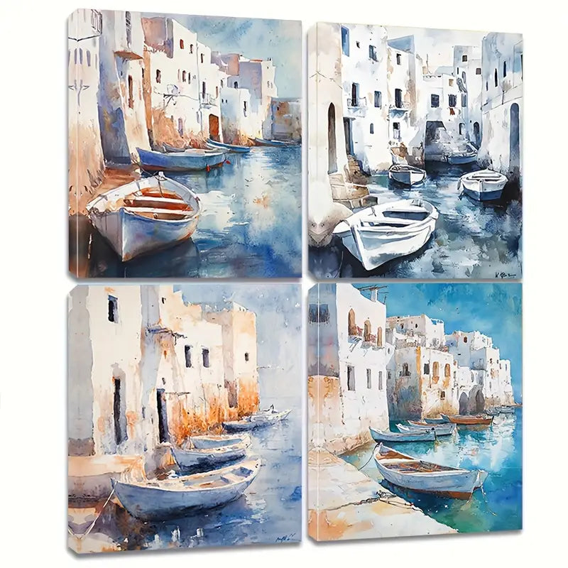 4pcs Vibrant Blue & White Buildings, Tranquil  Wall Art Canvas Framed